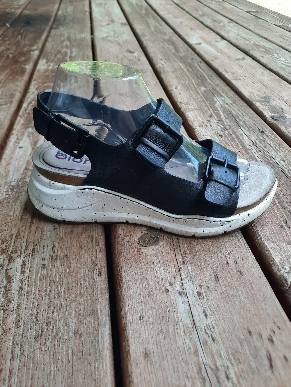 Bionica Olin Black Leather Slingback Ankle Strap Buckle Wedge Sandals Size 9